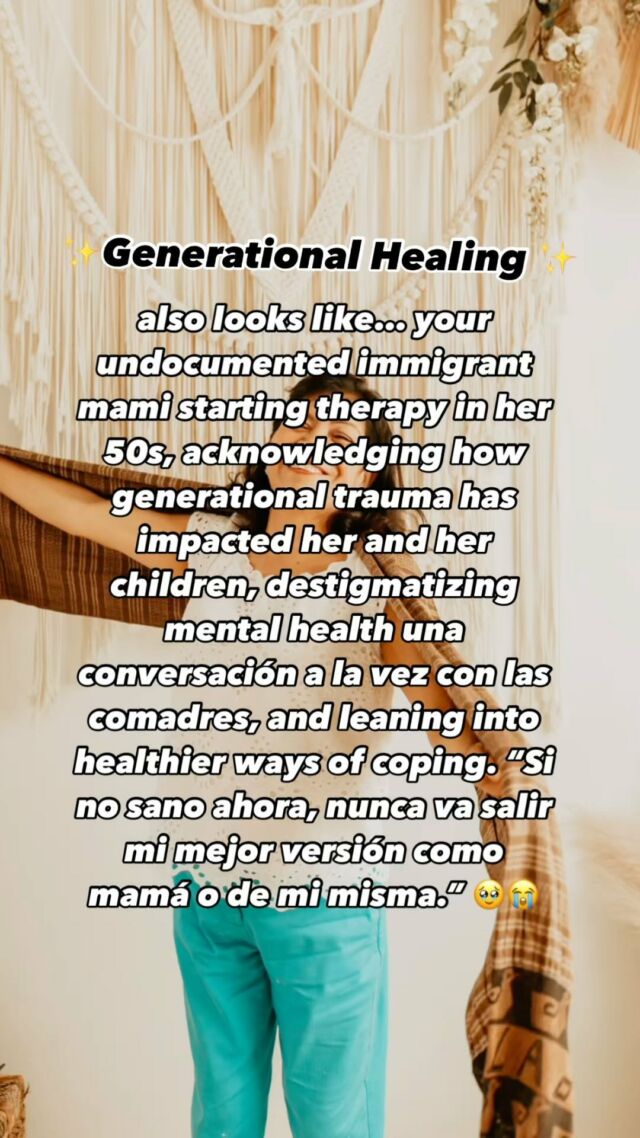 Generational healing looks like… 
my undocumented immigrant mami starting therapy for the first time in her 50s, acknowledging how trauma has impacted her and her children, destigmatizing therapy and mental health una conversación a la vez, and leaning into healthier ways of coping. 🥹❤️

I’m incredibly proud of my mami for bravely stepping into her healing era. Cómo muchos (undocumented) immigrants, my parents have endured insurmountable pain and trauma throughout their lives in their homelands and while in pursuit of the “American Dream.” It’s been a nightmare navigating systems for them especially the medical/health care system. But last year, my mami was a warrior and decided to step into many unknowns regarding her health and mental health. I can acknowledge that there are painful memories of my childhood due to unresolved generational trauma AND I can affirm my parents’ commitment to healing and doing the best they can with the resources they have. 

My brother and I have encouraged my mom to go to therapy countless of times but she bravely decided to go on her terms (and after navigating the shi**y insurance oppressive system). My mami’s acts of resistance have encouraged my papi to *think* about seeking therapy too. Pasito a pasito. ☺️

A loud shoutout to all the mami’s, tias, abuelitas, señoras, y doñas in their older adulthood who are making the brave decision to go to therapy and reminding us that it is never too late to heal and break unhealthy generational cycles. 🥹

Me dan una gran felicidad to see many older folks in mental health related workshops inquiring about therapy not only for their children or family members but also for themselves. Every time I facilitate these workshops my heart is filled with joy. 💕

Con mucha luz y felicidad,
Dra. Hernández @palantetherapy 

#trauma #healingjourney #healing #generationaltrauma #generationalhealing #undocumented #immigrants #firstgen #firstgeneration #therapy #mentalhealth #mentalhealthmatters #latina #latino #latinx #latine #firstgenlatina #latinatherapist #therapist #terapeuta #saludmental #reels #reelsinstagram #explore #palante #palantetherapy #socialwork #lcsw #southcentral #losangeles