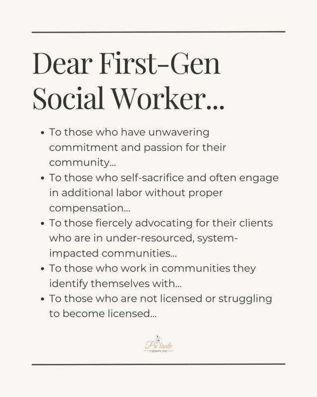 ✨Happy Social Work Month! ✨

A loud shoutout to my fellow Social Workers from clinical social workers to medical social workers to macro social workers to forensic social workers to school social workers to child welfare social workers and everything in between! 💛

I particularly want to acknowledge the contributions of First Gen/children of immigrants Social Workers… 

🌻To those who have unwavering commitment and passion for their community...
🌻To those who self-sacrifice and often engage in additional labor without proper compensation...
🌻To those fiercely advocating for their clients who are in under-resourced, system-impacted communities...
🌻To those who work in communities they identify themselves with...
🌻To those who are not licensed or struggling to become licensed...

🪷May you know your worth regardless of your income
🪷May you honor your body with rest, boundary-setting, and soul-care
🪷May you take time off to recharge without guilt
🪷May you compassionately navigate your “superhero” identity and acknowledge that fighting or changing oppressive systems is not only your responsibility but the responsibility of everyone 
🪷May you know that your worth as a social worker is not measured by passing a licensing exam that disproportionately impacts social workers from marginalized backgrounds

I hope you celebrate yourself a little more this month and you’re celebrated by your organizations with more than coffee and free food! 🤷🏽‍♀️ (It’s cute and all, but more will have to be done! Starting by equitable pay, CEUS/training opportunities, appropriate caseloads, etc) 

**Tag your favorite First Gen Social Workers! 🫶🏽

Sending you love, light, and abrazos, 
Dra. Hernández @palantetherapy 

#socialwork #socialworker #socialworkmonth #lcsw #msw #firstgen #firstgeneration #childrenofimmigrants #bipoc #firstgenlatina #latinasocialworker #latinatherapist #therapist #therapy #therapistsofinstagram #bsw #latinx #latine #latina #latinos #mentalhealth #socialworkintern #creator #explore #palante #palantetherapy
